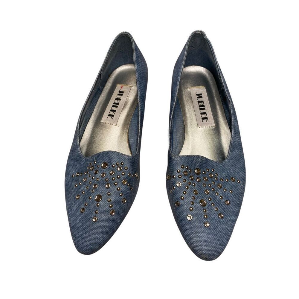 Vintage Jubilee Womens 7M Blue Denim Stud Embellished Peach Ballet Shoes Western